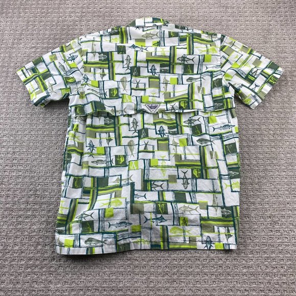 Columbia Sportswear PFG Shirt Men Medium M White Green Button Up All Over Print - Picture 2 of 15
